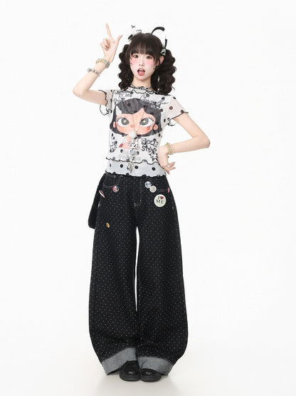 Cartoon Girl & Polka Dot Print White Mesh Short Sleeve T-Shirt - Languid Park