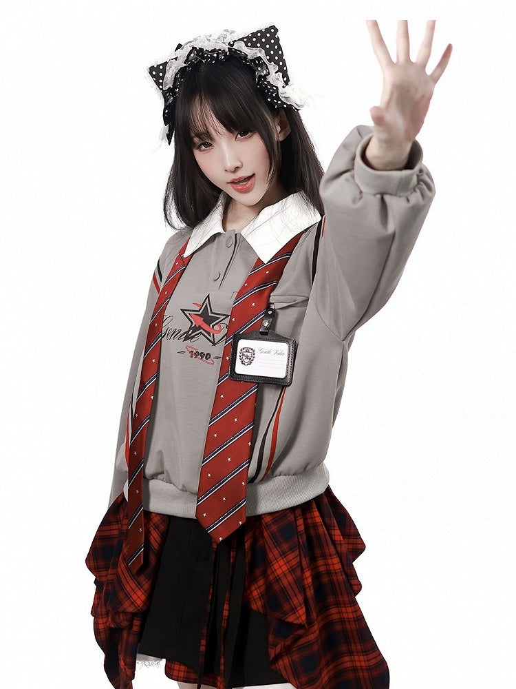 Preppy Gray Star & Letter Print Collared Sweatshirt with Matching Tie - PINK SAVIOR