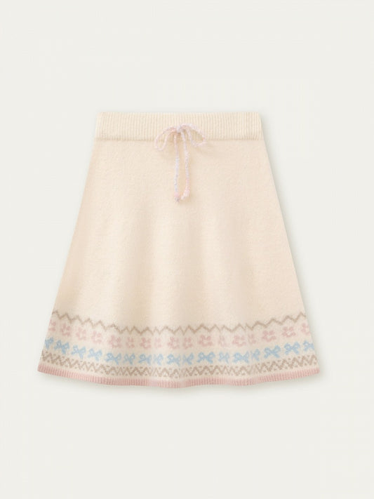 Cat with Vintage Kawaii Knit Beige Design Pattern Skirt