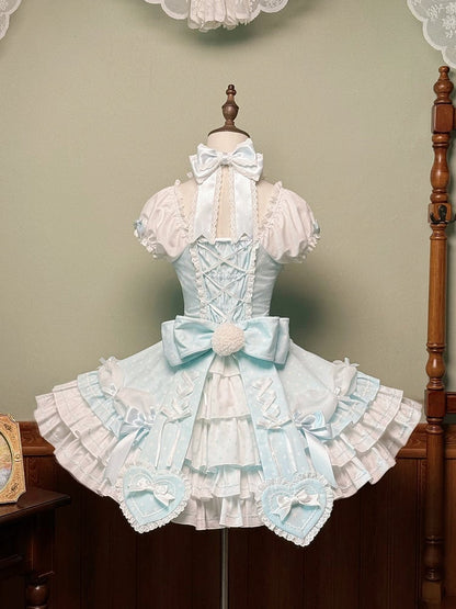 Dot Blue Lolita Neck Old Halter School Sleeves Versatile Dress Polka with Puff