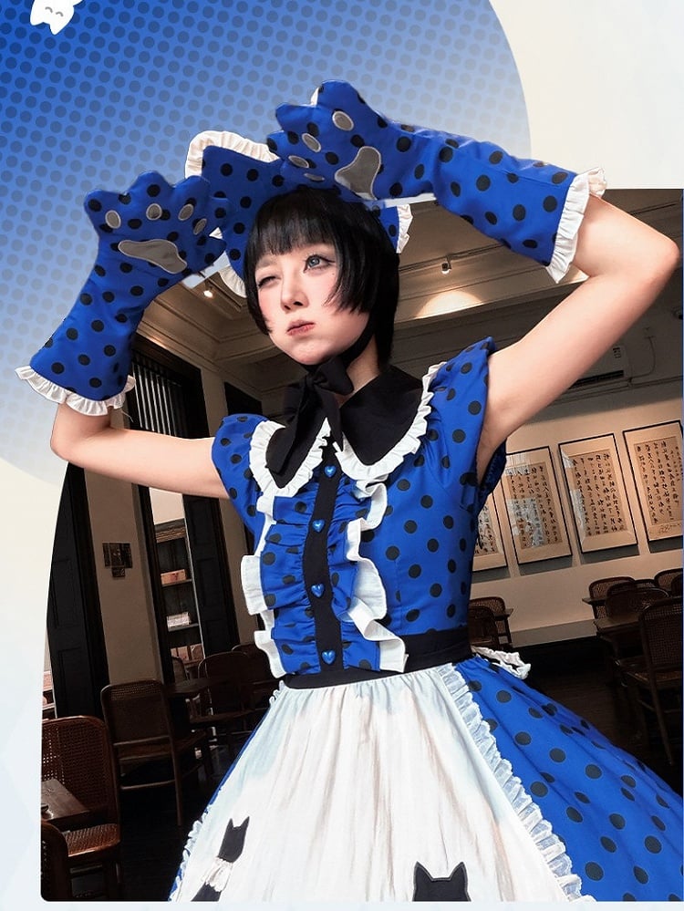 Dark Blue & Black Polka Dot Lolita Dress Set with Cat Theme Design - Rock Candy Box