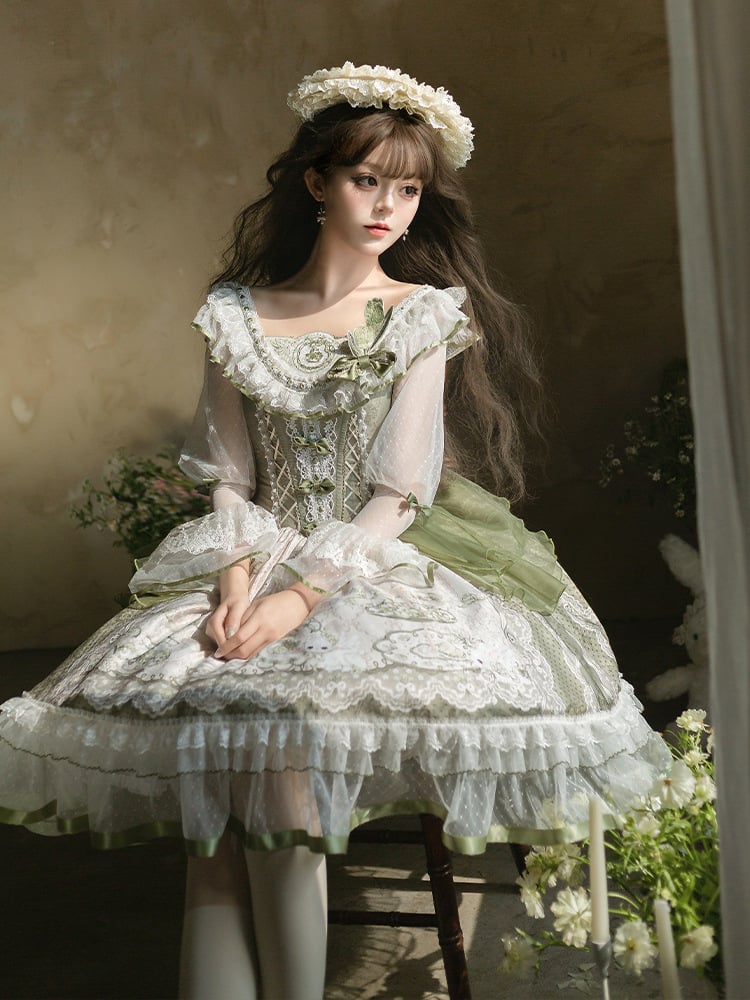 Lace Sleeves Dress Teacup and Rabbit Print Trimmings Lolita Long Green with