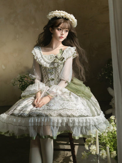 Lace Sleeves Dress Teacup and Rabbit Print Trimmings Lolita Long Green with