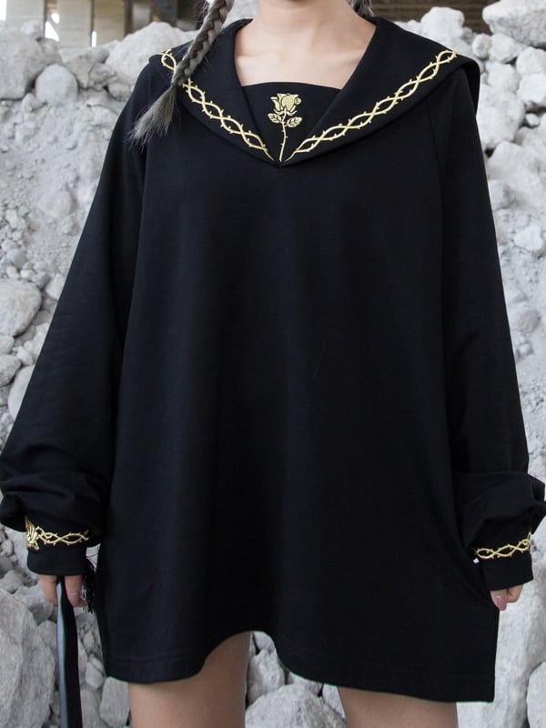 Gold Black Rose and Gothic Sailor Thorn Loose with Collar Embroidery Sweatshirt