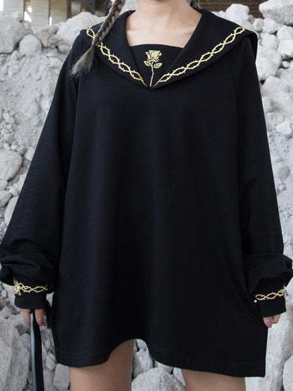 Gold Black Rose and Gothic Sailor Thorn Loose with Collar Embroidery Sweatshirt