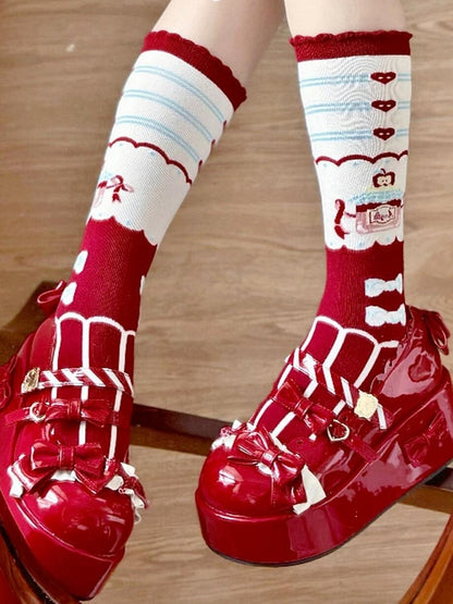 Lolita Bowknot Kalbsdruck Glas Apfel Rot Gestreifte Herz Honig Muster Socken