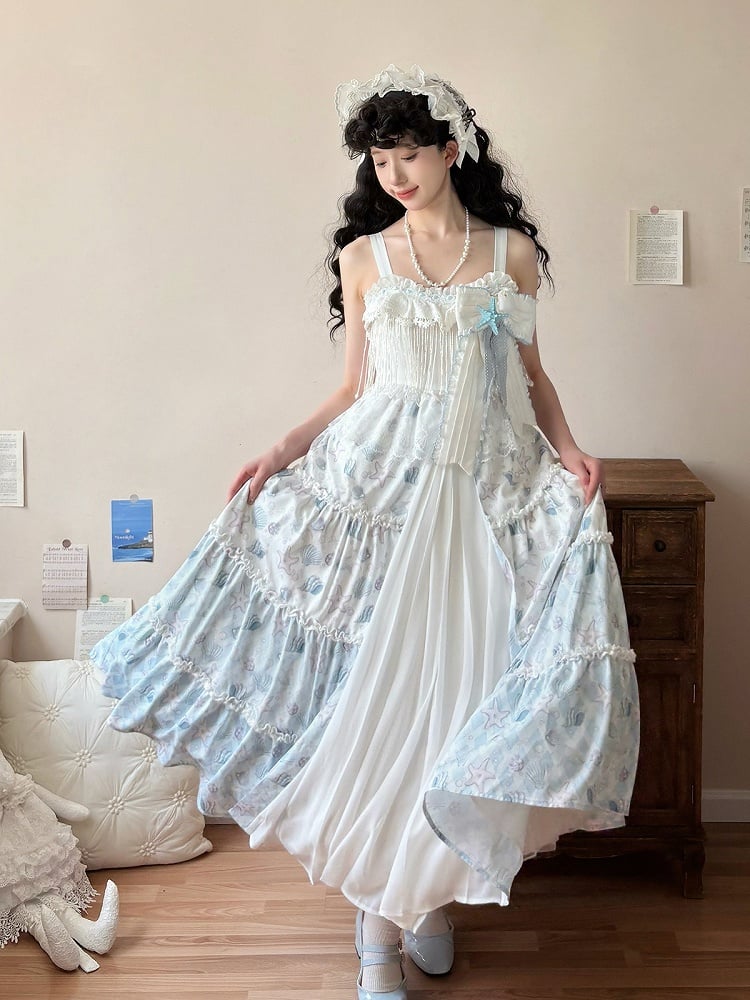 Blaues Lolita-Muschelkleid mit weißem Meeresdruck und Seesternen