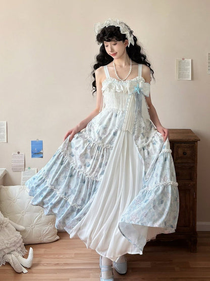 Blaues Lolita-Muschelkleid mit weißem Meeresdruck und Seesternen