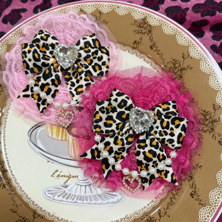 Strassbesatz Charm Leopard Spitze Perlen Rotes Herz Verziertes Muster Rosa/Rose Haarspange Schleife