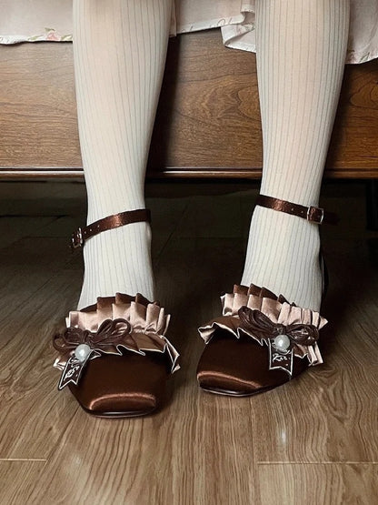 Victorian Ankle Bow with Mid Heel - Square-Toe Sandals Style Detachable Closure Bead Lolita Brown