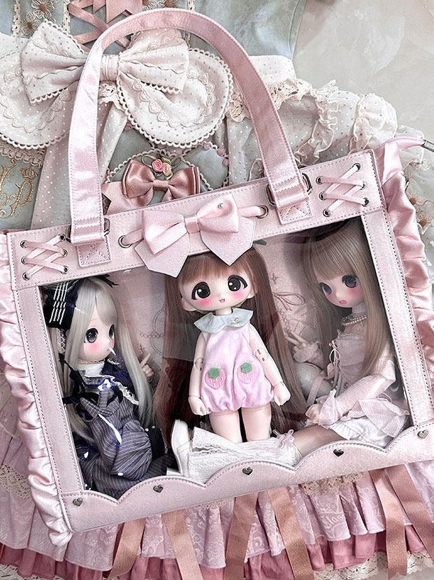 Transparent Window Bowknot Ruffled Satin Pink Bag for BJD Doll - Salt Tea