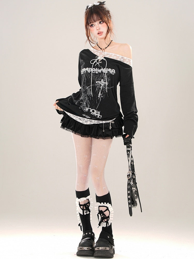 Black Asymmetrical Neckline Lace-up Detail Graphic Top