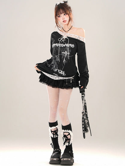 Black Asymmetrical Neckline Lace-up Detail Graphic Top