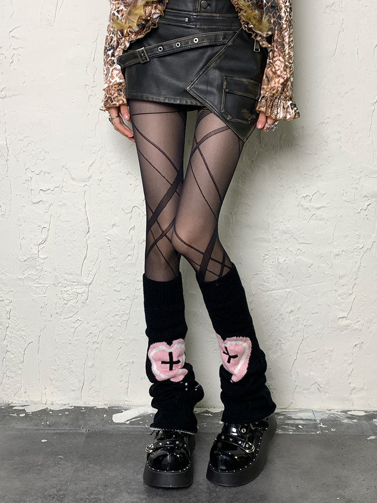 Yami Kawaii Schwarze Y2K Herz-Kreuz-Muster Beinwärmer