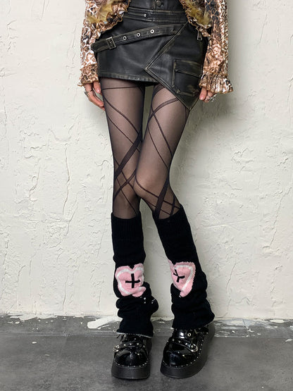Yami Kawaii Schwarze Y2K Herz-Kreuz-Muster Beinwärmer