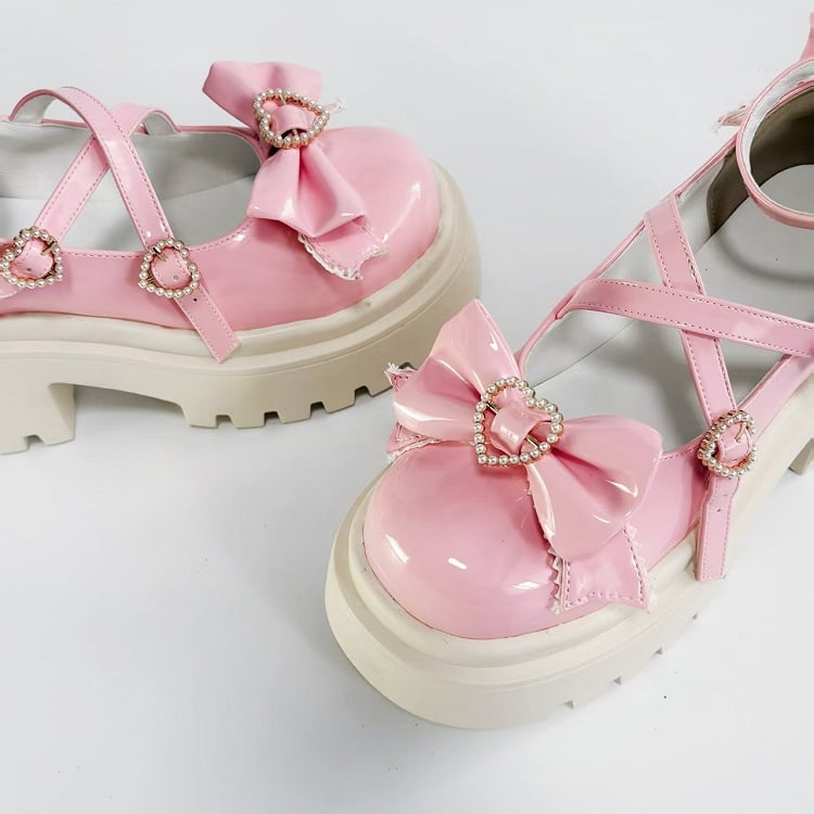 Mary Beaded Pink Details Crossed Janes with Bow Chunky Straps Heel Heart - Closure