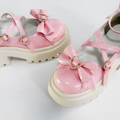 Mary Beaded Pink Details Crossed Janes with Bow Chunky Straps Heel Heart - Closure