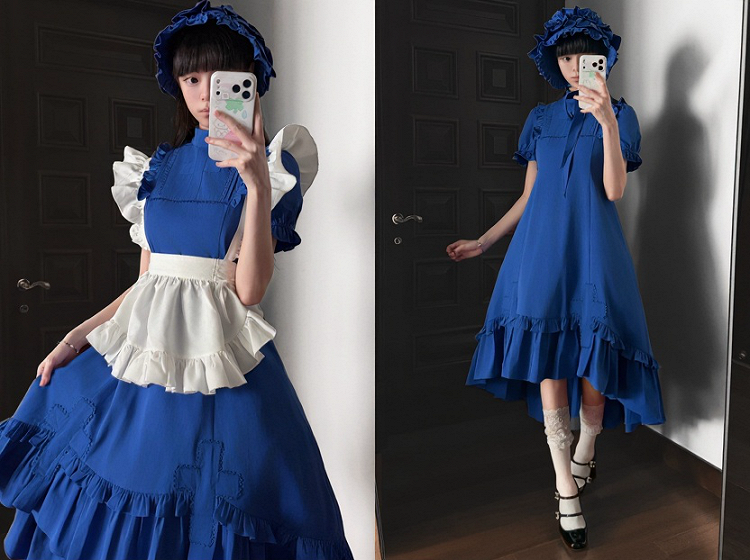 Klein Blue Gothic Lolita High-Low Ruffled Dress with Cross Patches - Blossom Herald