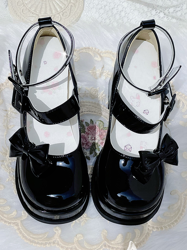 Black Detachable Bow Platform High Block Heels Lolita Shoes