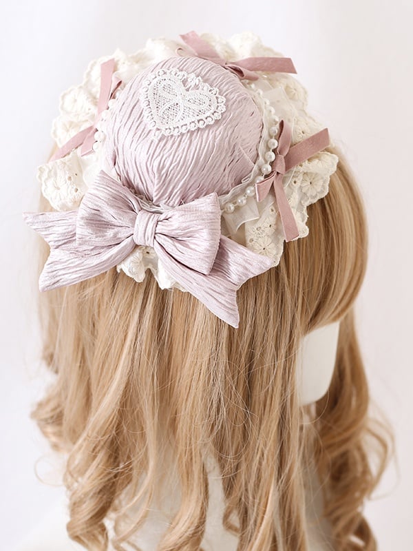 Cute Light Green Mint Beads Doll-Style Lace Pink-Purple Blue Bowknot With Mini Lolita Hat /