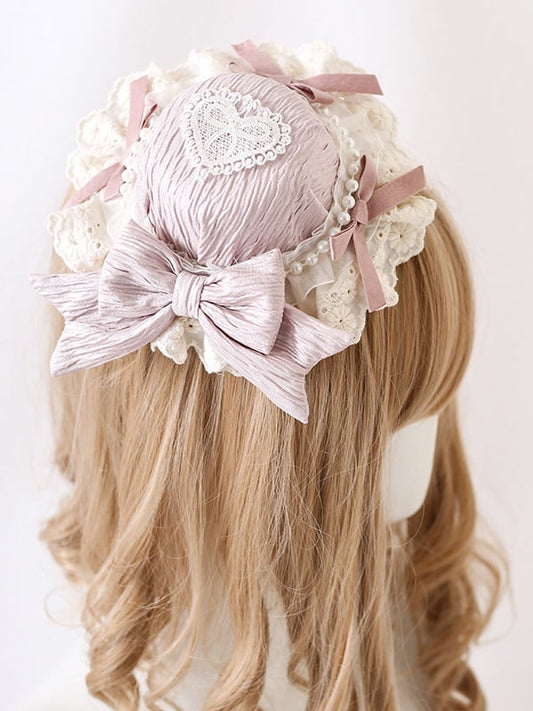 Cute Light Green Mint Beads Doll-Style Lace Pink-Purple Blue Bowknot With Mini Lolita Hat /