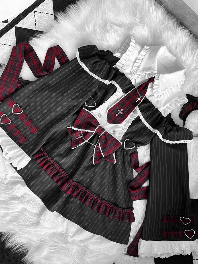 Kleid Bell Plaid Tie Idol und Schulterausschnitt Lolita Schwarz Bowknot Streifen Rot mit Ärmeln