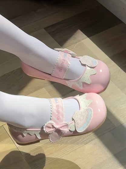 Pink Kawaii Polka Dot & Bowknot Flat Shoes with Happy Birthday Embroidery - Fairy Godmother