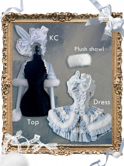 Blue Bunny Ears Bowknot Bodice Layered Skirt Boning Dress + Cropped Cape Top Set