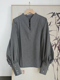 Chinese Collar Balloon Style Design Button - Frog Gray Mandarin Sleeves Blouse