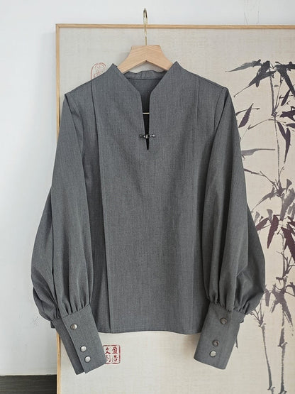 Chinese Collar Balloon Style Design Button - Frog Gray Mandarin Sleeves Blouse