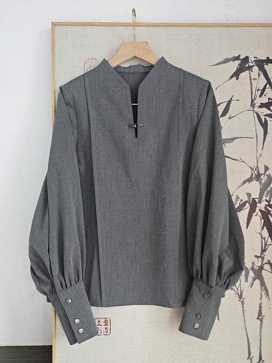 Chinese Collar Balloon Style Design Button - Frog Gray Mandarin Sleeves Blouse