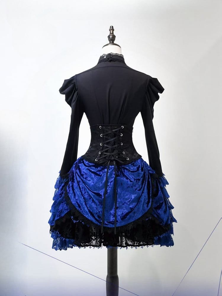 Lolita Skirt Waist Sleeves and Boned Blue Tie Jabot Gothic Long + Black Full - Shirt Hat Mini Klein Set Bell High