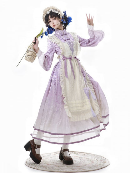 Beige Print Charm Dress Tassel Lolita Han Apron Floral Wisteria Purple + Beaded with