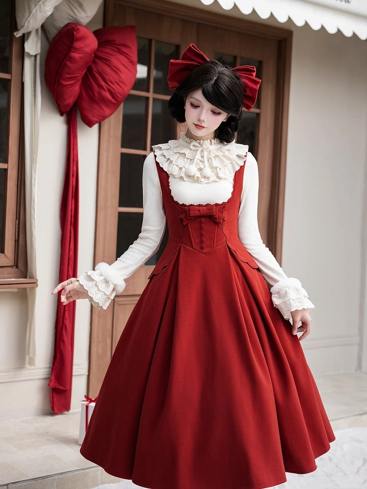 Long Rosette Boned Dress Version Lolita Waist Red Embroidery