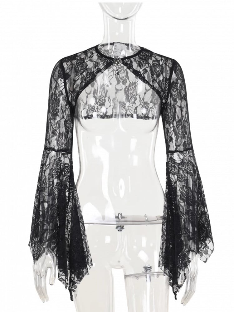 Embroidery Sleeve Floral Halloween Gothic Gem Shrug Batwing Lace with Bell Centerpiece Black