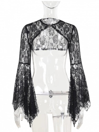 Embroidery Sleeve Floral Halloween Gothic Gem Shrug Batwing Lace with Bell Centerpiece Black