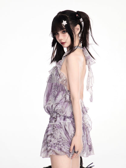 Lavender Leopard Pattern Gyaru Fashion Cascading Ruffle Chiffon Halter Backless Dress
