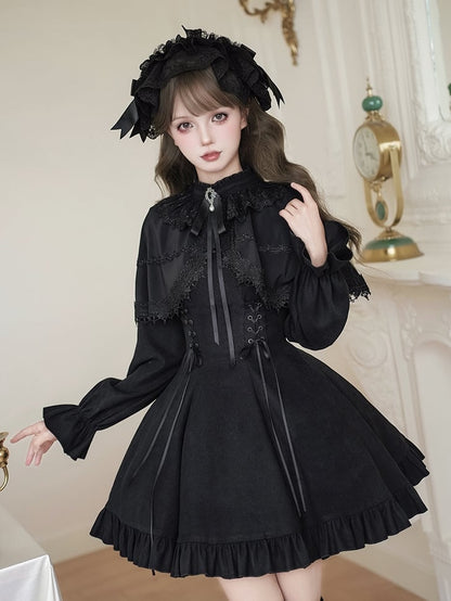 False Jirai Two-Piece Lace-up Black Cape Kei-inspired with Details Dress