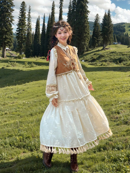 Brown Floral Embroidery Star Charm Hem Vest