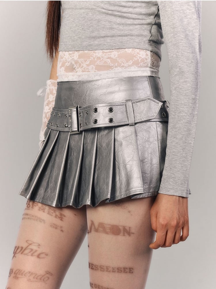 Silver Skirt Mini Pleated Studded PU Metal Rings with Lettering