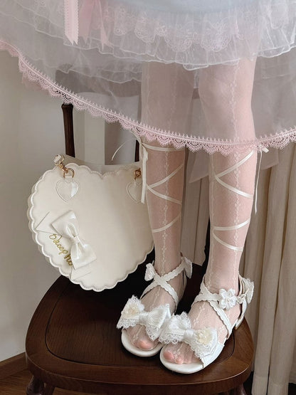Sweet Lolita Summer White Low Heel Sandals with Flower Bow - Sheep Puff