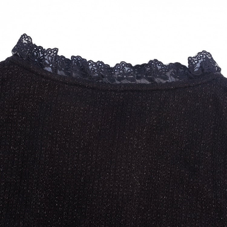 Sleeve And Black Knit Long Lace Details Fashion Kawaii Top With Gothic Embroidery