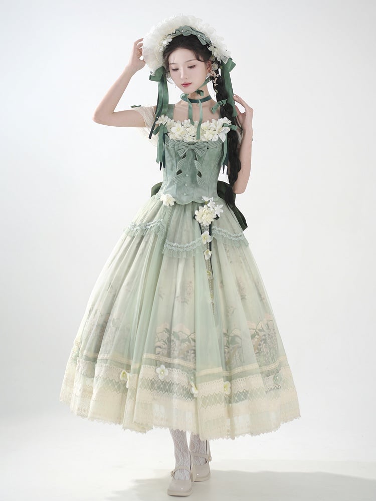 Dekoration Set Jasmin Print Top Grün Rock Lolita Korsett Klassische Lange Floral +