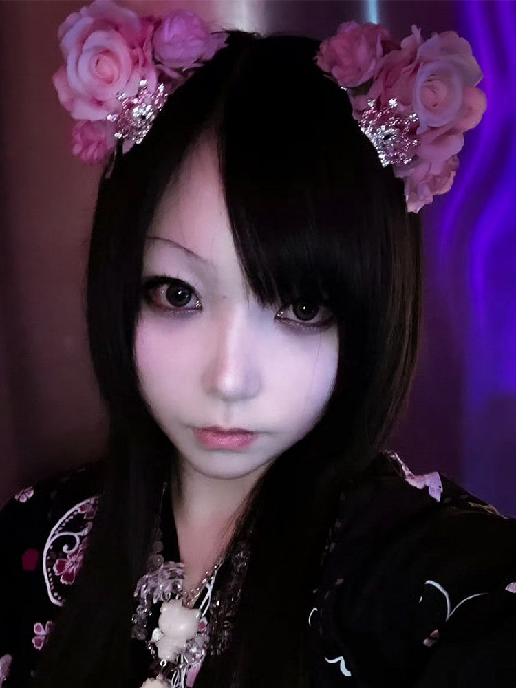 Hairclips Details Floral Crown Cat with Rhinestone Ear Pink