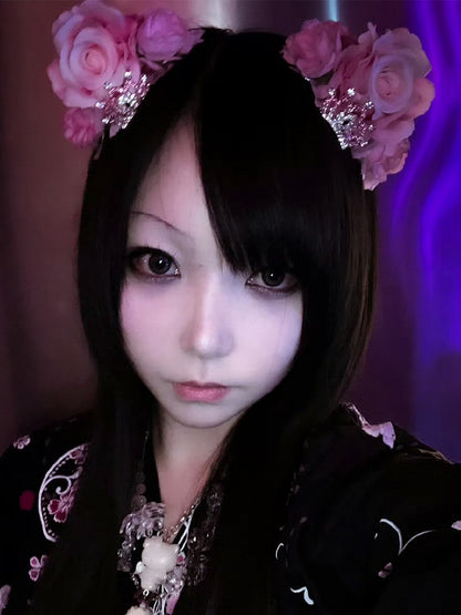 Hairclips Details Floral Crown Cat with Rhinestone Ear Pink