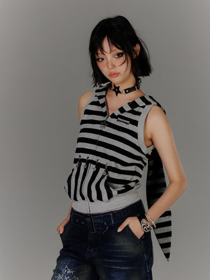 Vintage Bunny Ear Design Black  Grey Stripes Hood Y2K Tank Top