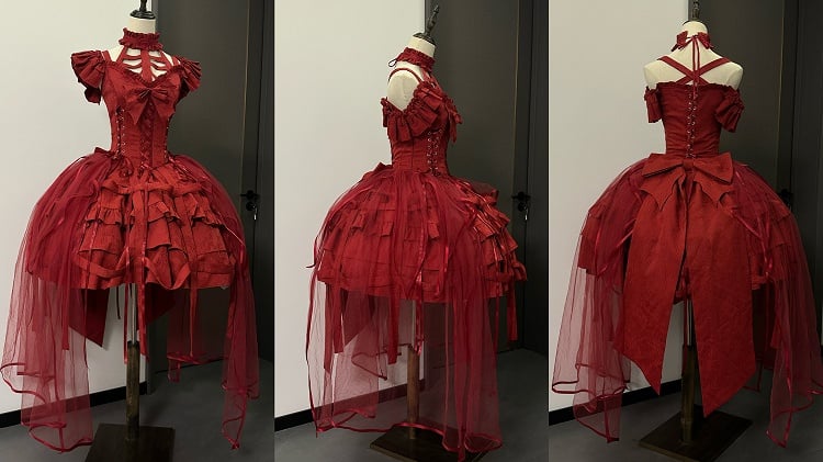 Design Schnürschuhe mit Taillen-Vogelkäfig-Ovarlay-Rot-Lolita-Kleid-Rock groß und Gothic-Schleife-Korsett abnehmbar