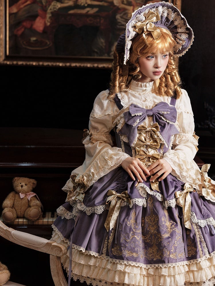 Velvet Dress Candle JSK Decoration Lolita Purple Embroidery Bows