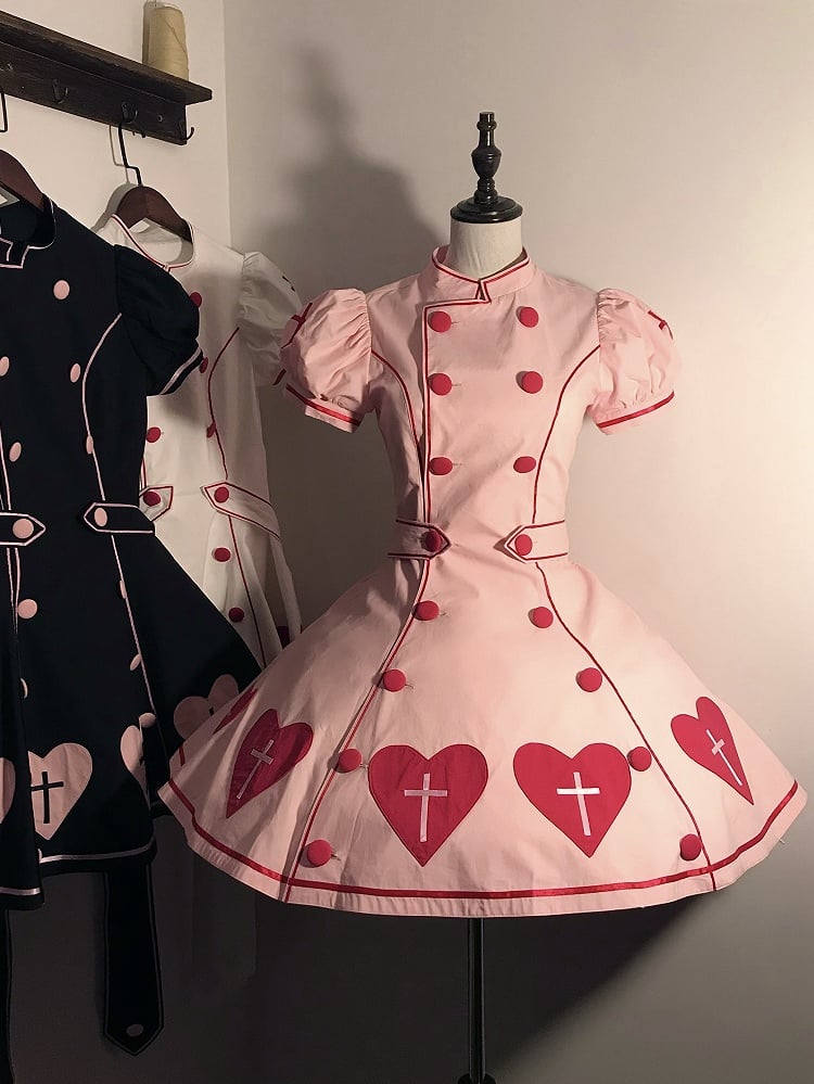 Sleeves Puff Dress Cross Nurse Heart Patches Lolita Pink