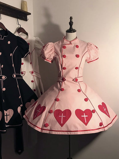 Ärmel Puffkleid Kreuz Krankenschwester Herz Patches Lolita Pink